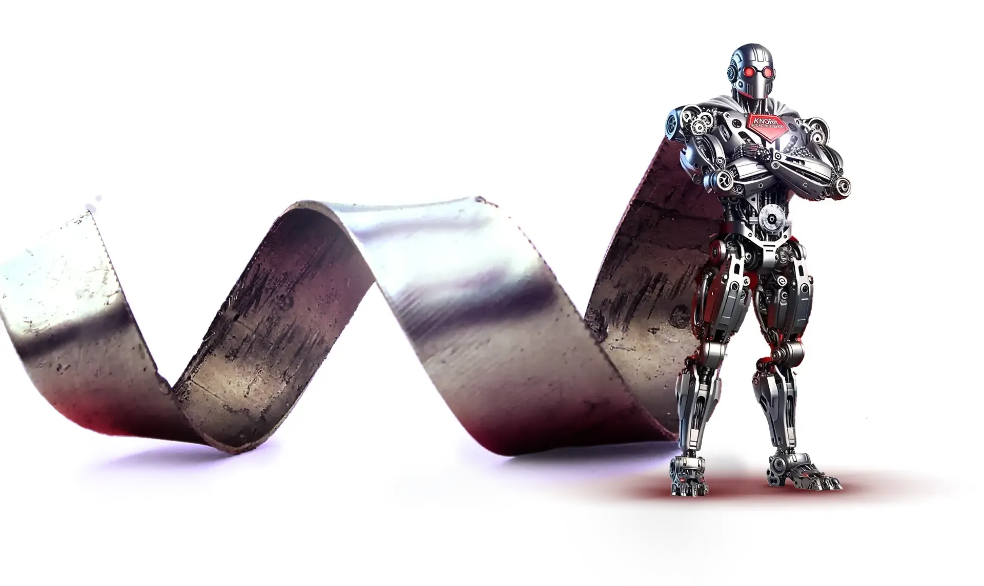 Ein humanoider Roboter mit Metallteilen steht selbstbewusst mit verschränkten Armen neben einem großen, verdrehten Streifen aus reflektierendem Metall vor einem weißen Hintergrund.