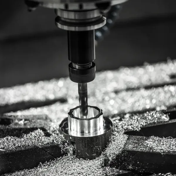 Eine CNC-Fräsmaschine schneidet durch ein Metallwerkstück und erzeugt dabei kreisförmige Rillen, während die Metallspäne in der Umgebung verstreut werden.